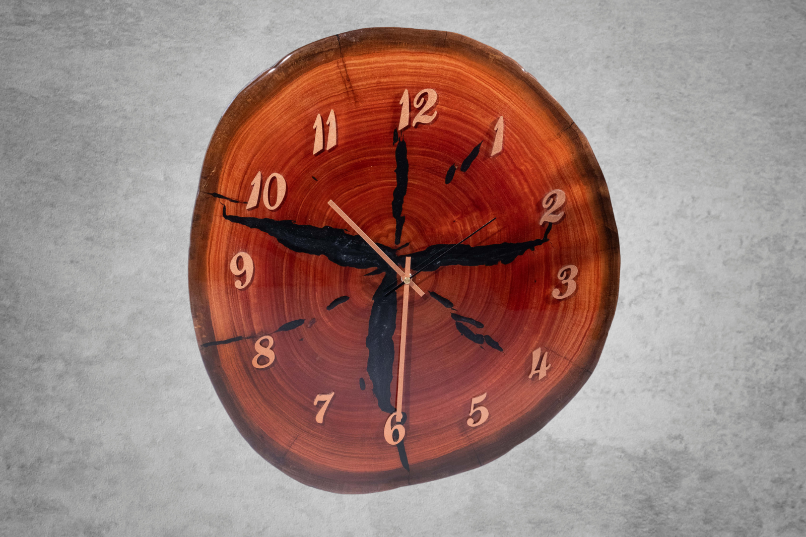 Rosewood cookie slab, with black metallic resin fills and copper look numerals.