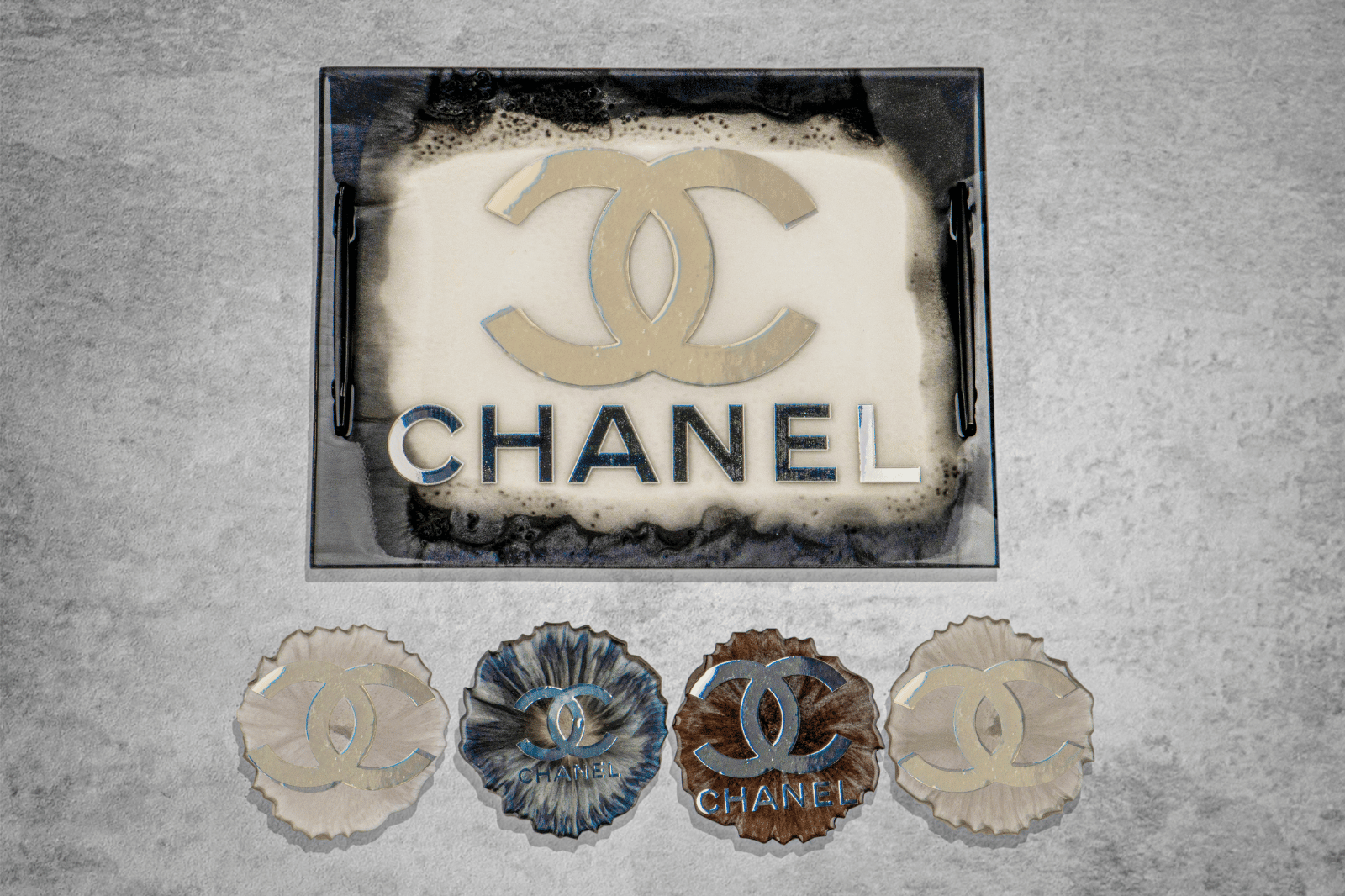 Chanel logo Resin Tray With Handles and Set of 4 Coasters and Holder